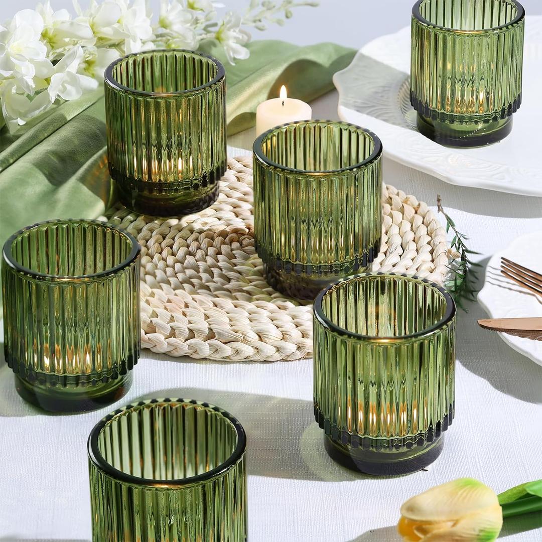 DEVI 8pcs Large Green Votive Candle Holders for Wedding Centerpieces, Glass Tea Lights Candle Holder Decor, Wedding Bridal Shower Party Table Decor, Vintage Boho Easter Decor for Table Centerpiece