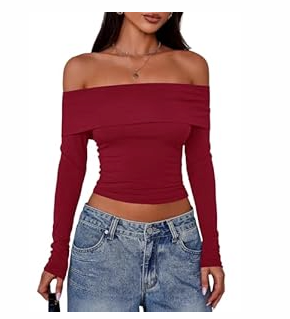 PRETTYGARDEN Off The Shoulder Tops for Women 2025 Long Sleeve Shirts Trendy Going Out Crop Top Spring Fashion Clothes (Wine Red, Large)
