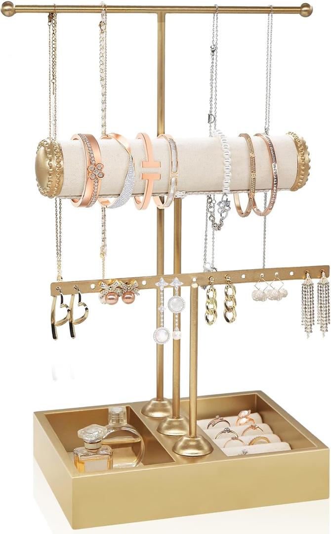 Jewelry Organizer Stand Necklace Organizer Earring Holder,3-Tier Gold Jewelry Tower Display Stand Jewelry Earring Holder Organizer Display for Necklace, Earring, Bracelet, Ring
