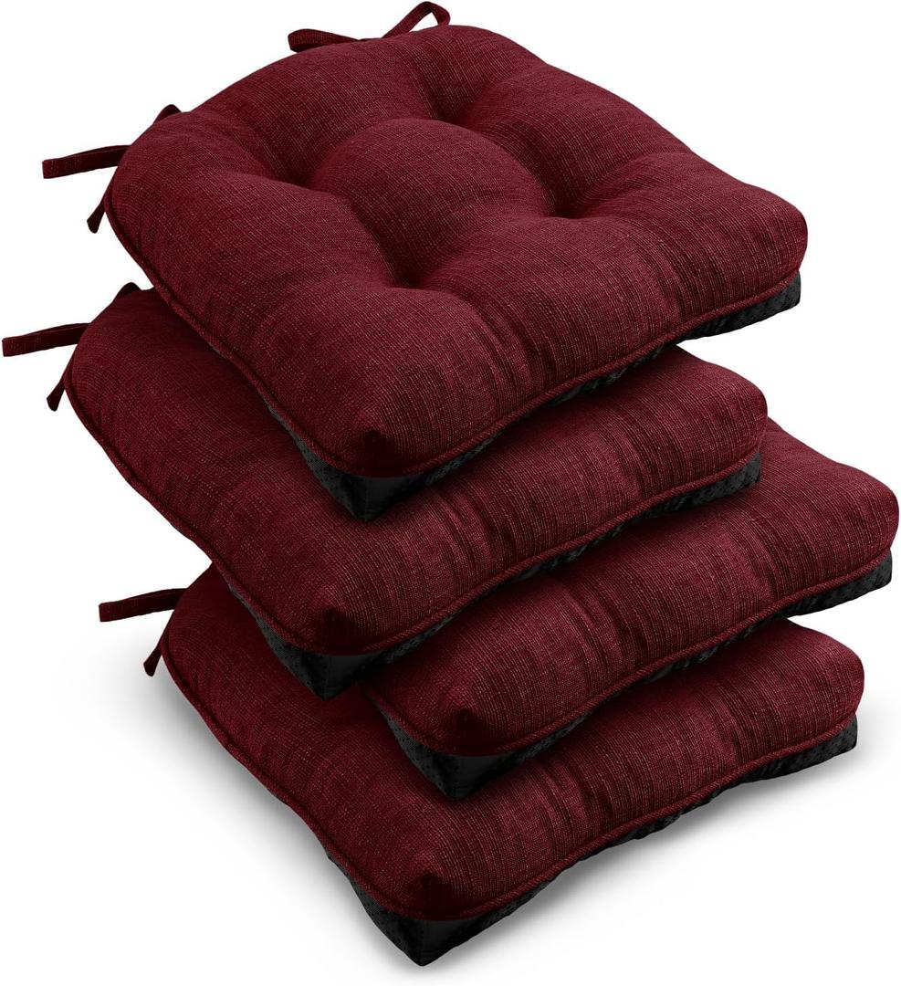 downluxe Indoor Chair Cushions for Dining Chairs, Tufted Overstuffed Textured Kitchen Chair Pads with Ties and Non-Slip Backing, 15.5" x 15.5" x 4", Burgundy, 4 Pack