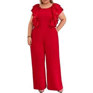VERWIN Plus Size Ruffle Women's Jumpsuit Plain Full Length Romper Sleeveless Patchwork Overlay Jumpsuit with Pockets, 5XL
