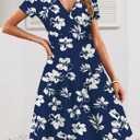 MSBASIC Womens Summer Wrap V Neck Casual Dresses Floral Short Sleeve A-Line Midi Sundress (Blue, M)