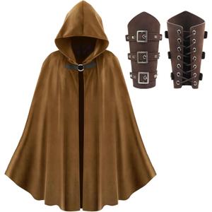 HyperFun Renaissance Hooded Cape Medieval Cloak with Leather Bracers Accessories for Wizard Witch Halloween Men Women (Brown)