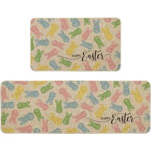 Artoid Mode Colorful Bunny Happy Easter Kitchen Mats Set of 2, Home Seasonal Spring Easter Holiday Holiday Party Floor Mat - 17x29 and 17x47 Inch (Beige)