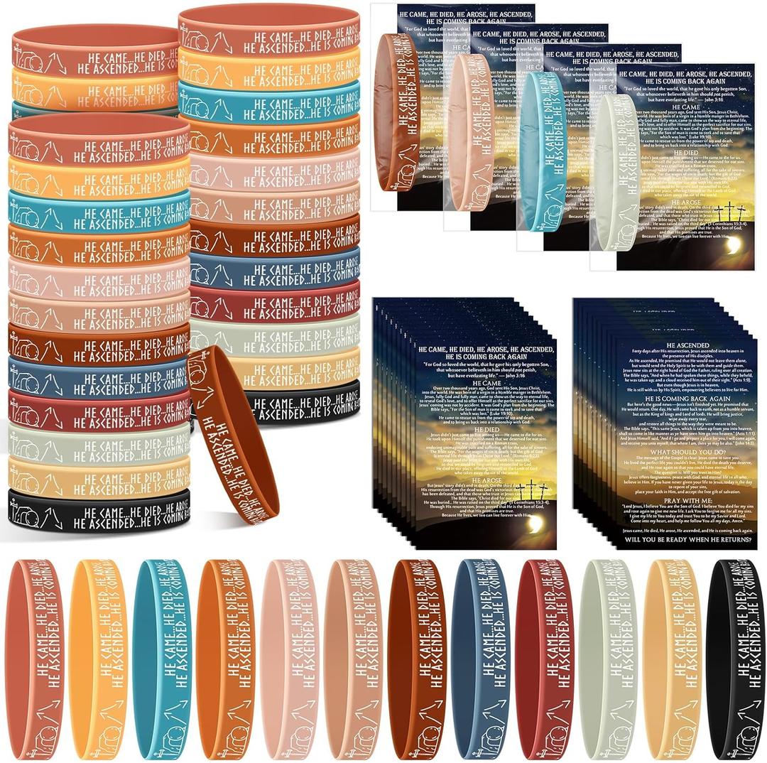 72 Sets Resurrection Gifts Bulk Christian Bible Verse Bracelet with Gospel Tracts He Came Died Arose Silicone Wristbands Religious Card Easter Baskets Stuffers Church Gift (Retro Colors)