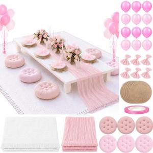 Cinrobiye Boho Picnic Party Set for Outdoor, Aesthetic Picnic Setup with Large Picnic Blanket, Floor Cushions, Table Runner, Napkins, Balloons for Wedding, Bridal Shower, Birthday(Pink), 91" x 71"