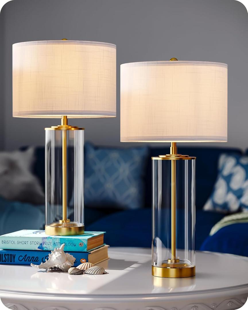 EDISHINE 23.6IN Glass Table Lamp DIY Fillable Base, White Linen Lampshade Table Lamp Set of 2, Tall Bedside Lamp for Living Room Bedrooms Bedside, Rotary Switch, UL Listed