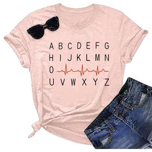 Nurse Shirt Women Nursing Tshirt ABC Alphabet Print Graphic Tee Tops Nursing School Gift T-Shirt Blouse (Pink, XL)
