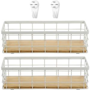 Set of 2 Small Wire Baskets, Narrow White Metal Storage Bins for Bathroom Counter & Kitchen, Farmhouse Rustic Organizer Trays for Pantry, Office, RV, Countertop Decoration (White)