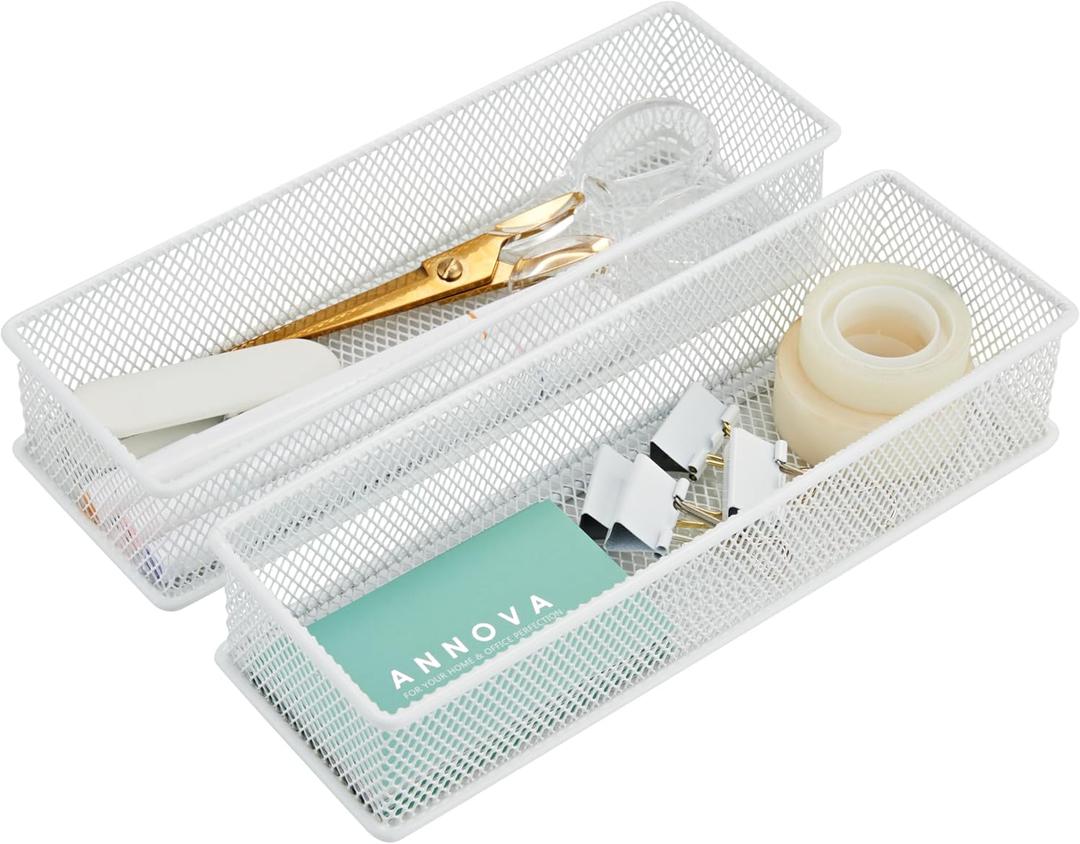 Annova Mesh Stackable Drawer Cabinet and Shelf Organizer Bins Storage Basket School Office Supply Holder Tray- Set of 2 (White, 3x9x2 Inch)