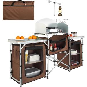 VEVOR Camping Kitchen Table, Folding Outdoor Cooking Table with Storage Carrying Bag, Aluminum Cook Station 3 Cupboard & Detachable Windscreen, Quick Set-up for Picnics, BBQ, RV Traveling, Brown