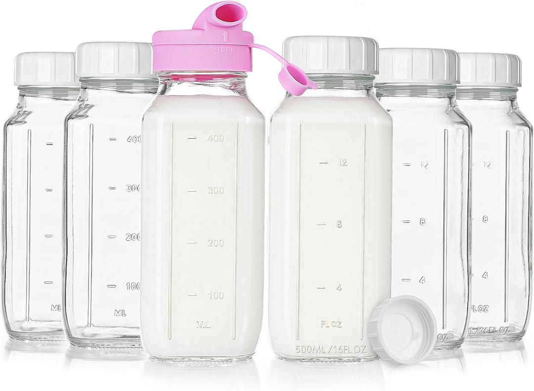 Sovietiep 16 Oz Square Glass Milk Bottles with A Silicone Cap, 6 Pack Glass Bottles for Juicing with Airtight Lids, Drinking Bottles with Lids and Scale Mark, Breast Milk Storage Jug Easy to Carry