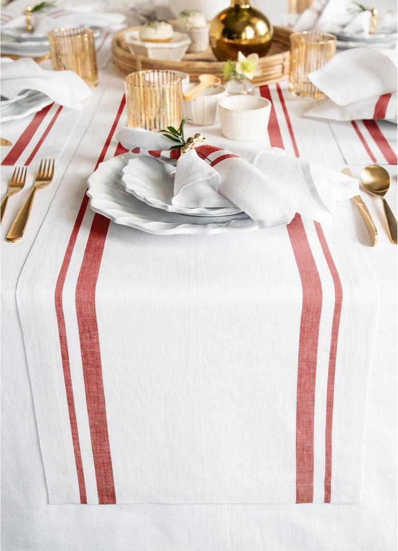 Solino Home 100% Pure Linen Table Runner, 16 x 120 in, Red and White Stripe | French Stripe Table Runners for dining, console and side tables; woven stripe with neatly mitered corners; OEKO-TEX Certified