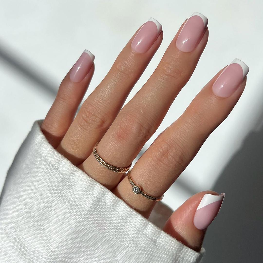 Glamnetic Press On Nails  Classy French | Medium Square Fake Nails with Trendy Micro French Tip, Salon Quality | 15 Sizes  30 Nail Kit