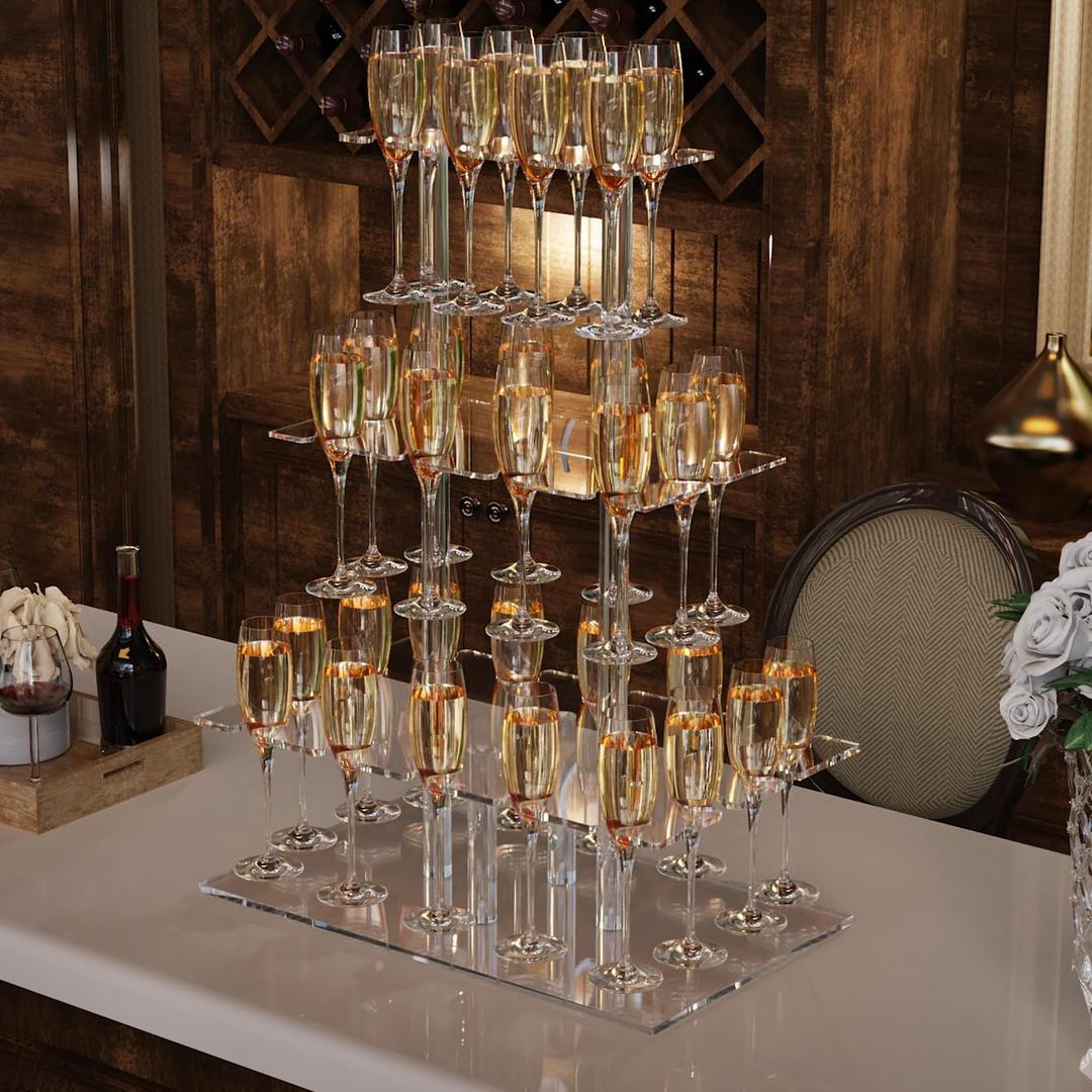 Champagne Display Holder Stand for Party With 32 Slots, 3 Tier Acrylic Champagne Tower Wine Glass Holder, Tabletop Champagne Flutes Holder Stemware Rack with Led Strip, 19.7x11.8x26.2 inch