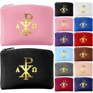 12 Pcs Rosary Pouch Catholic with Gold Cross PU Leather Rosary Case for Women and Men Coin Purses Holder Zipper Bag for Travel Christmas, 12 Colors(Chi Rho)