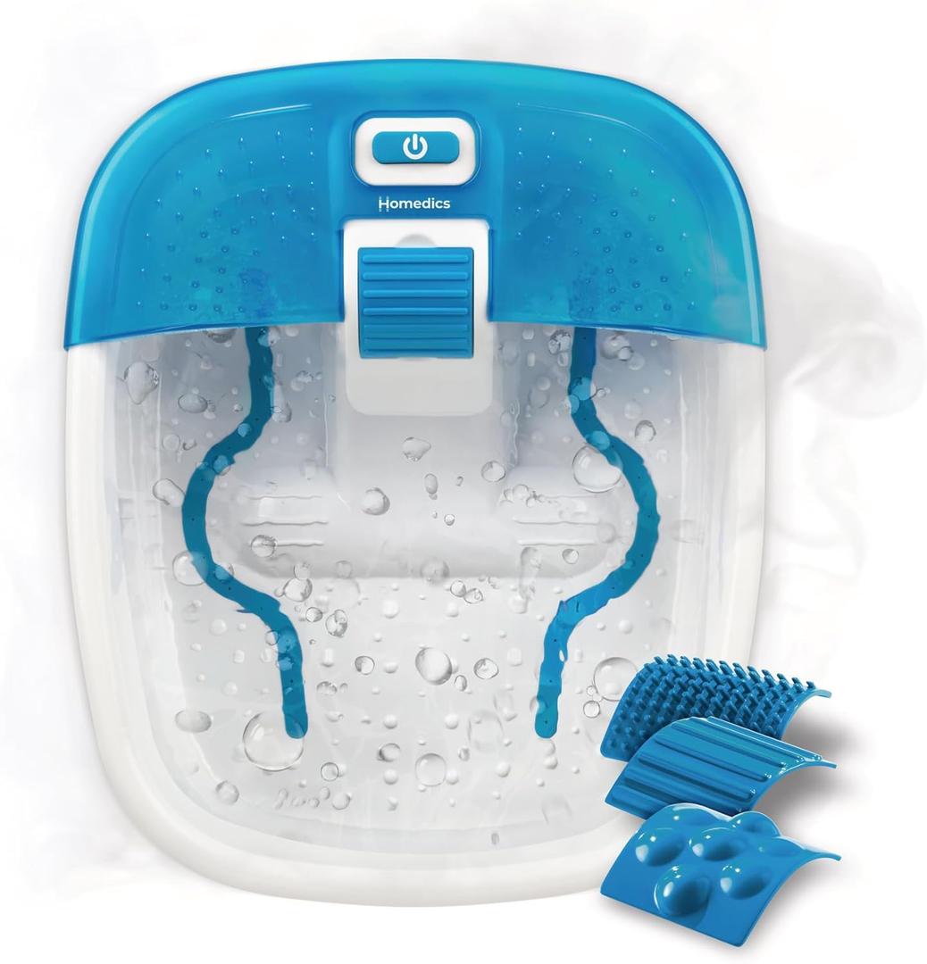 Homedics Bubble Bliss Deluxe Foot Spa with Heat Massaging Arch, 3 Acupressure Attachments, Splash Guard, Raised Nodes Creates Bubbles, Improves Circulation, Soothe Tired Muscles, Built-in Storage (Blue)