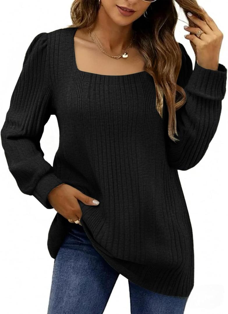 BKHOLL Women Tunic Tops Square Neck Blouse Long Puff Sleeve Shirts Loose Fit Sweater Casual Tops Fall Fashion Black, XXL