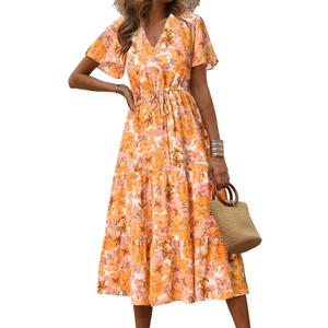 PRETTYGARDEN Floral Dress for Women 2026 Summer Casual Short Sleeve Maxi Dresses V Neck Tiered Flowy Boho Beach Sundress (White Yellow Floral, Large)