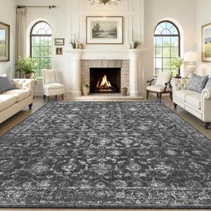 Washable Area Rug 9x12 Black Rugs for Living Room, Vintage Boho Large Rug for Bedroom Dining Room Office, Distressed Floral Print Carpet for Under Table, Soft Non Slip Low Pile Throw Carpet Indoor Mat