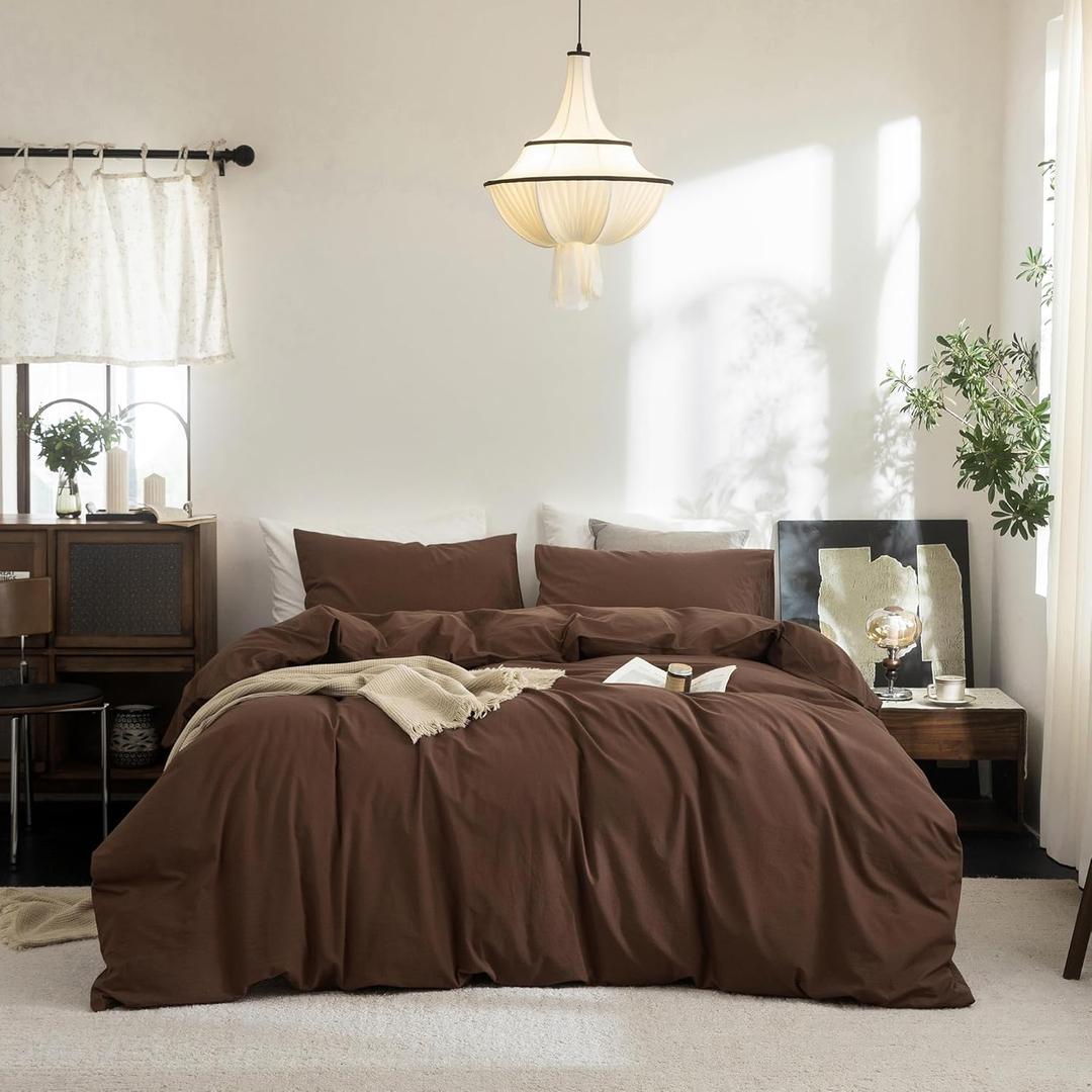 FOSSA Duvet Cover Set 100% Washed Cotton Linen Feel Super Soft Breathable Cozy Simple Style 3 Pieces Bedding Sets Solid Cocoa Brown Twin (Twin (68"  90"))