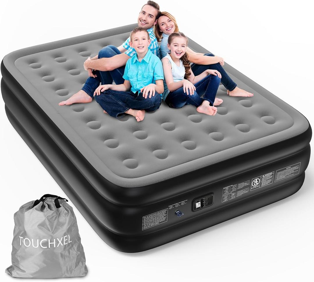 Air Mattress Queen Size with Built in Pump Double Self Inflating Bed,18 Inch High Inflatable Blow Up Airbed with Storage Bag Foldable Colchon Inflable for Camping Guests Home Waterproof 600lb (Black Gray)