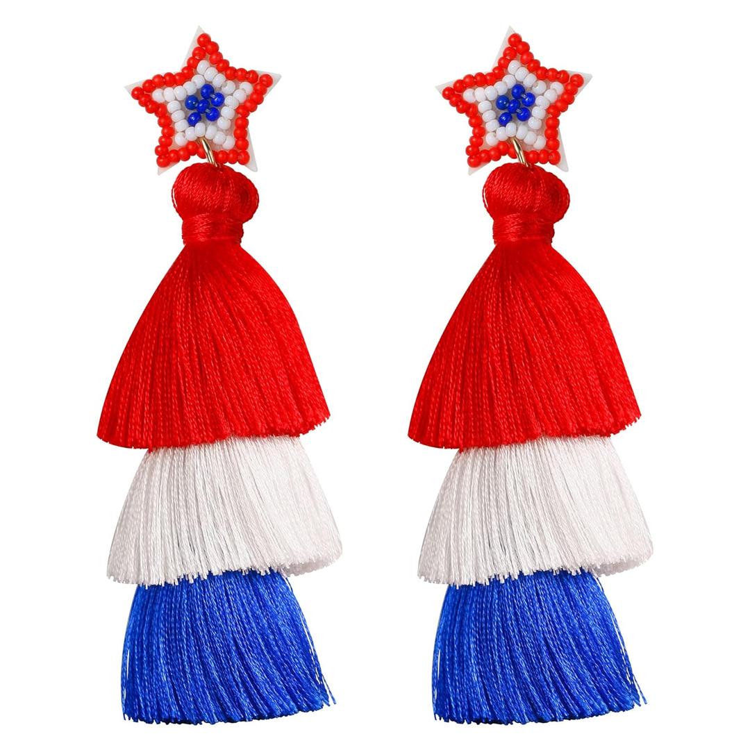 4th of July Earrings for Women, Patriotic Earrings for Fourth of July Accessories as Independence Gift, 4th of July Red White and Blue Accessories American Tassel Jewelry Suit for American Flag Dress