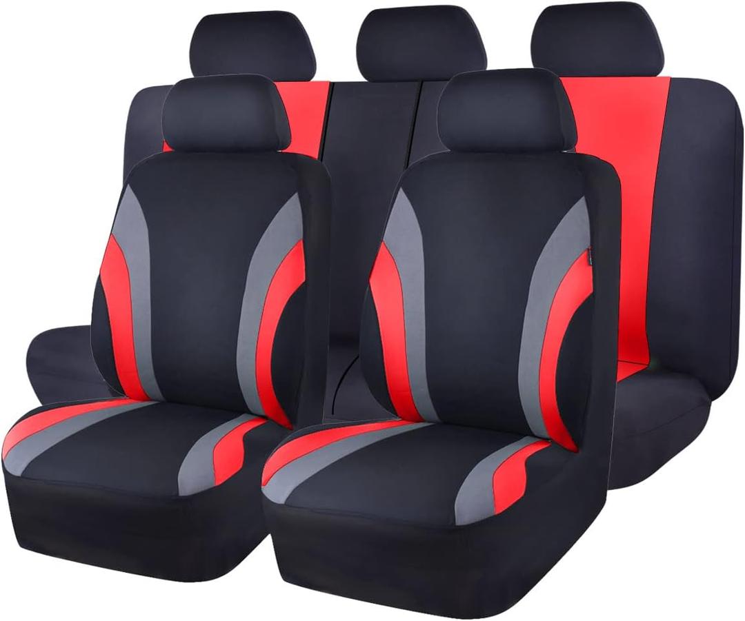 CAR PASS Line Rider Sporty Cloth 11PCS Universal Fit Car Seat Cover -100% Breathable with 5mm Composite Sponge Inside,Airbag Compatible,3zipper Bench(Full Set, Black and Red)