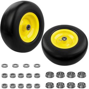 HQPASFY 13x5.00-6 Flat-Free Lawn Mower Tire & Wheel Set of 2, Zero-Turn Mower Front Tires with 1/2" & 5/8" Bearings, Solid Smooth Puncture-Proof Replacement for Lawn Mowers & Zero-Turn Mowers, Yellow
