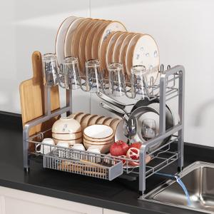 2 Tier Dish Drainers Drying Rack for Kitchen Counter Large Stainless Steel Dishes Drain with Drainboard, Space Saving, Big Modern Silver Countertop Metal Plates Dryer Strainer Holder and Extra Tray