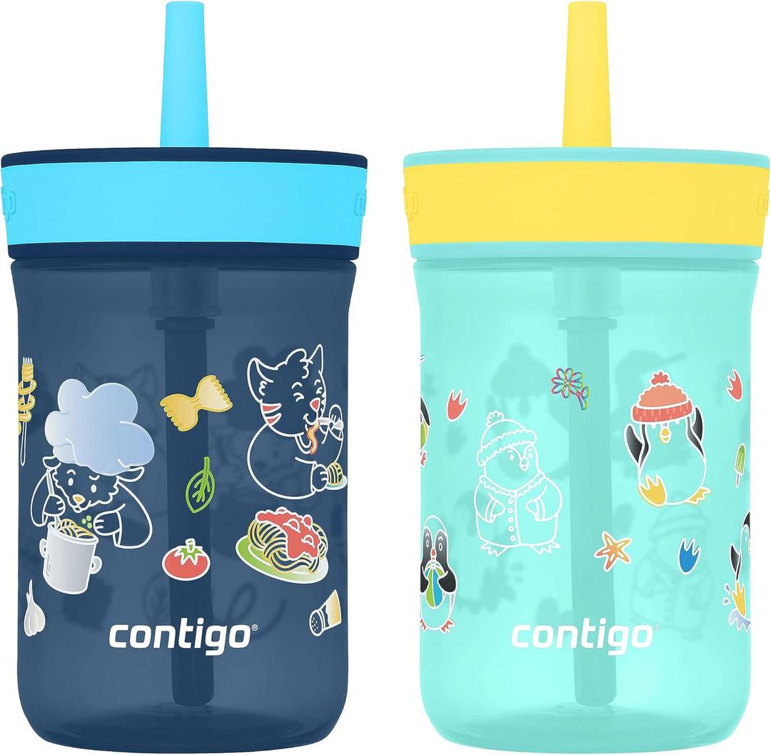 Contigo Leighton Kids 14oz Spill-Proof Tumbler 2-Pack with Straw, Blueberry/Spaghetti & Jade/Penguin  Prints