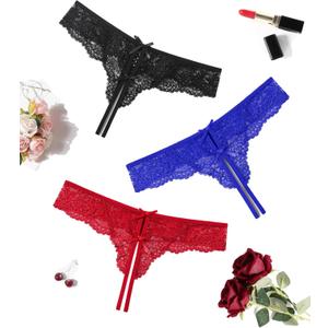 Avidlove Lace Thongs for Women Sexy Panties with Cute Bow Cheeky Briefs Criss Cross String Hipster Underwear 1-3 Pack (Small, Black+wine Red+royal Blue)