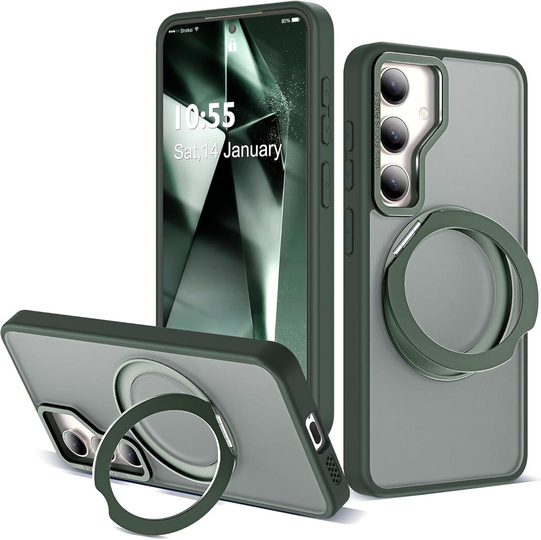 Compatible with Samsung Galaxy S24 Case with 360Rotatable Magnetic Ring Stand Compatible with Mag-Safe Military Protection Shockproof Translucent Phone Case for S24 6.2",Dark Green