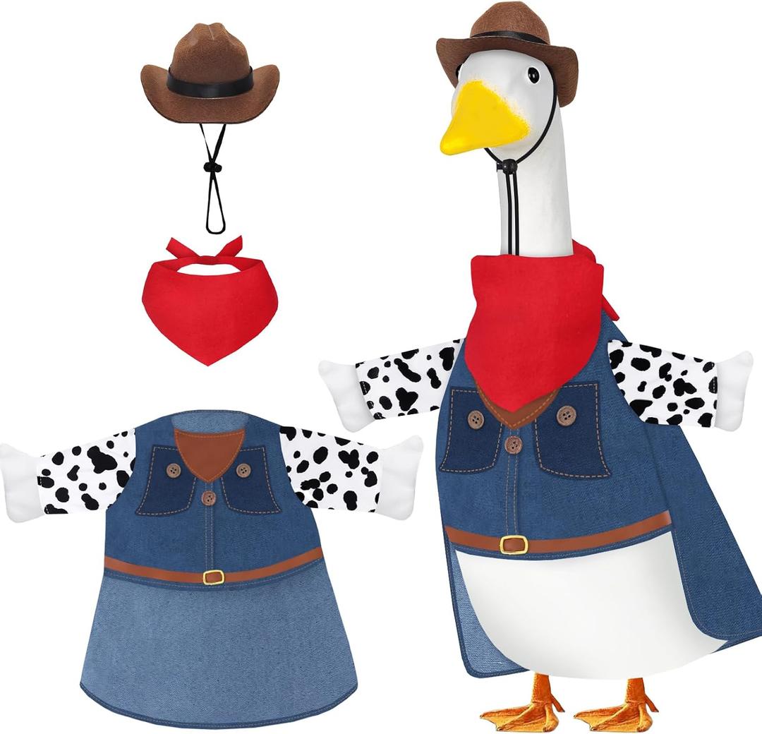 Cowboy Denim Goose Outfit for 23 Inch Lawn Goose – Western Porch Goose Clothes with Red Scarf Hat and Blue Overalls for Garden Outdoor Yard Statue Decoration