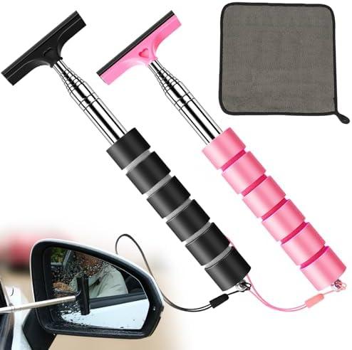 COFSODI Small car Side Mirror Squeegee(38-inch), Retractable Long Handle Mini Windshield Cleaning Tool, Car Squeegee for Window Cleaning, (Retractable Wiper-Pink+Black+Towel) 3Pcs