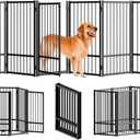 Full Metal Freestanding Dog Gate with Door, 32''Height Foldable Pet Dog Fence for Indoor & Outdoor, 6 Panels Extra Wide Free Standing Tall Dog Gates for Doorways,House,Stairs,Porch,Deck,Yard (Black)