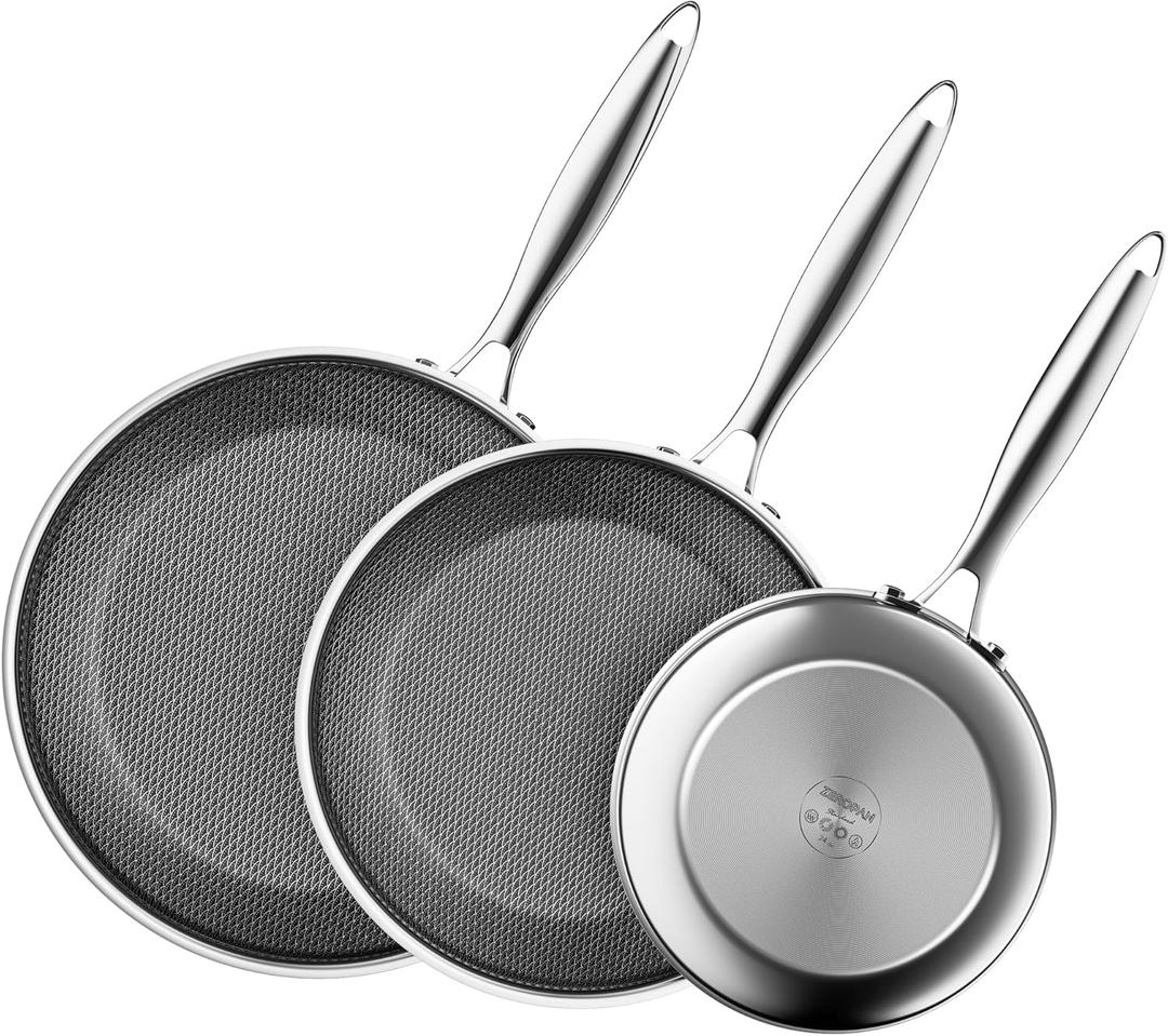 Non Stick Frying Pan Set,Hybrid Nonstick Frying Pan 3 Piece,8,10 &12 Inch Stainless Steel Pans,PFAS PFOA PTFE Free,Stay-Cool Handle,Dishwasher-Friendly,Oven-Safe,Compatible with All Cooktops