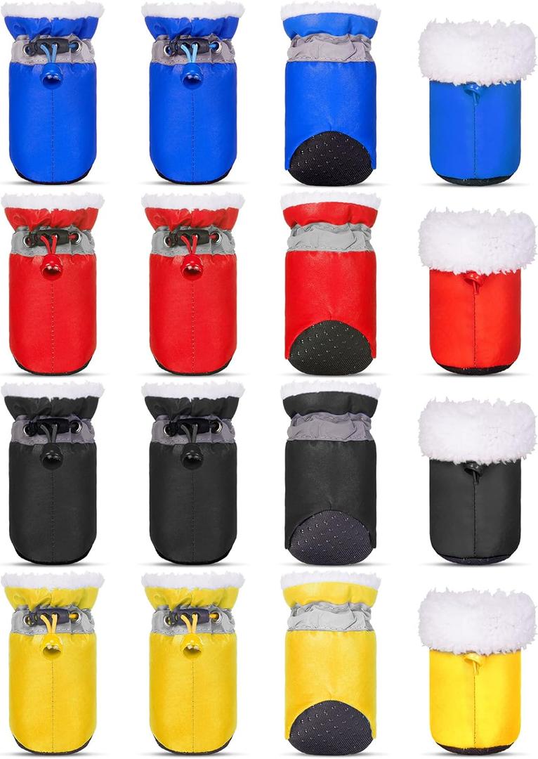 Weewooday 4 Sets 16 Pcs Waterproof Dog Shoes Rain Snow Boots Paw Protectors Breathable Dog Winter Boot Anti Slip Sock Shoe with Adjustable Drawstring for Pet(Blue, Black, Red, Yellow,No.7, 6.5x5.5cm)