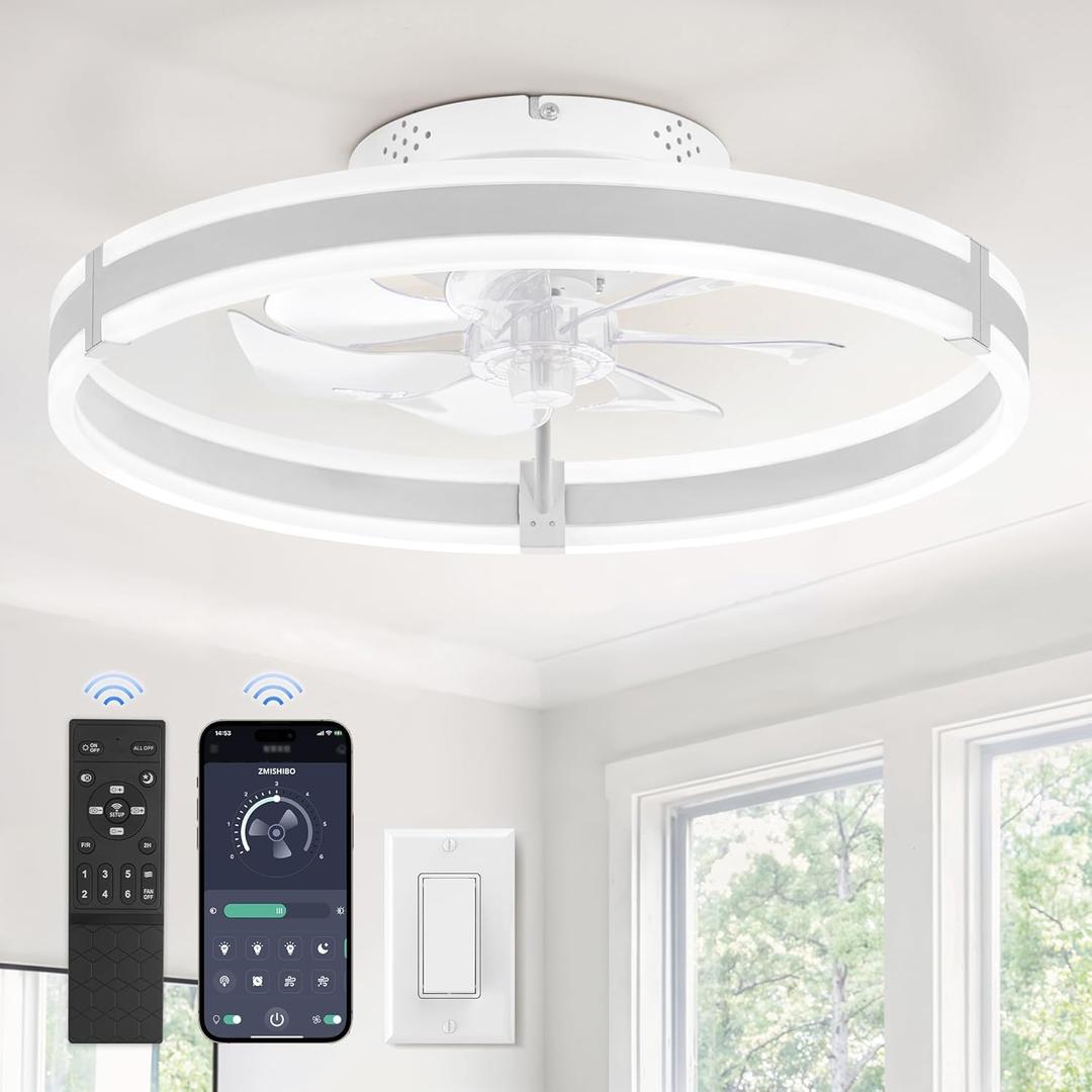 ZMISHIBO Ceiling Fans with Lights and Remote, 19.7'' Low Profile Ceiling Fan, 3000-6000K Dimmable Modern Flush Mount LED Fan Light, 6 Wind Speeds, White Fandelier Ceiling Fans for Bedroom
