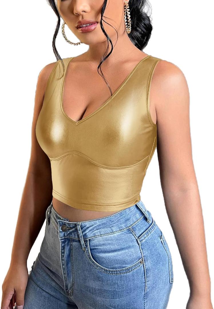 Floerns Women's PU Leather V Neck Solid Sleeveless Camisole Crop Tank Top (XX-Large)
