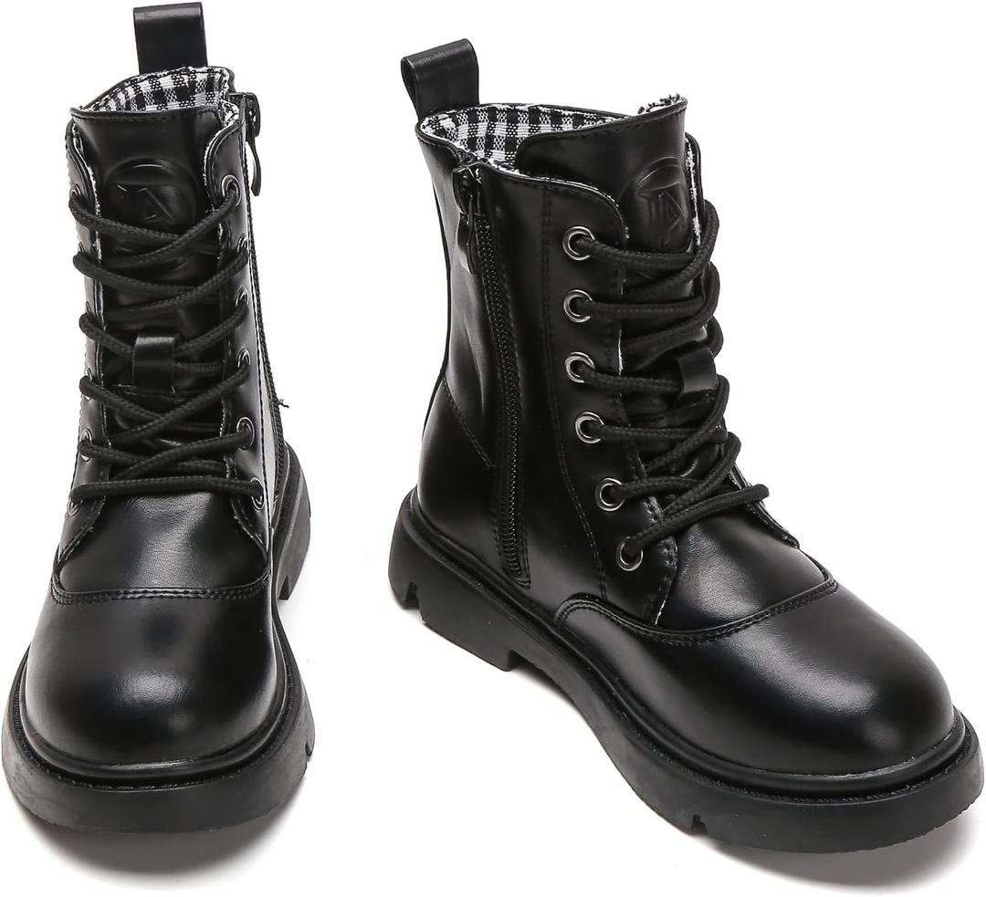 DADAWEN Boys Girls Waterproof Lace Up Mid Calf Combat Boots With Side Zipper for Toddler/ Little Kid/ Big Kid Black US Size 1.5 M Little Kid