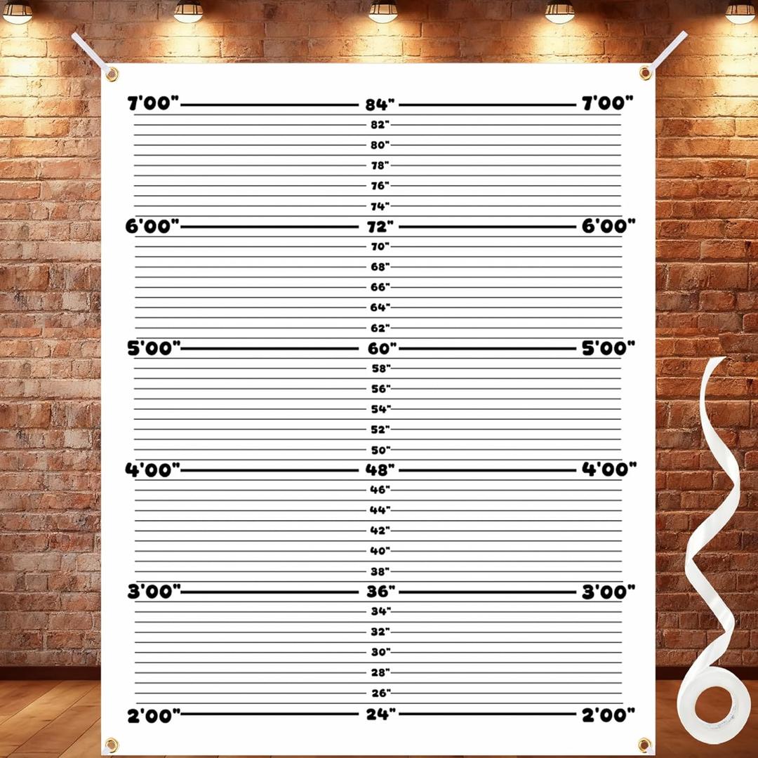 Mugshot Backdrop Photo Booth Banner 4.5 x 5.6 FT, Mug Shot Backdrops with Grommets & Ribbon, Police Lineup Height Chart Photography Background for Bachelorette Party & Costume Events
