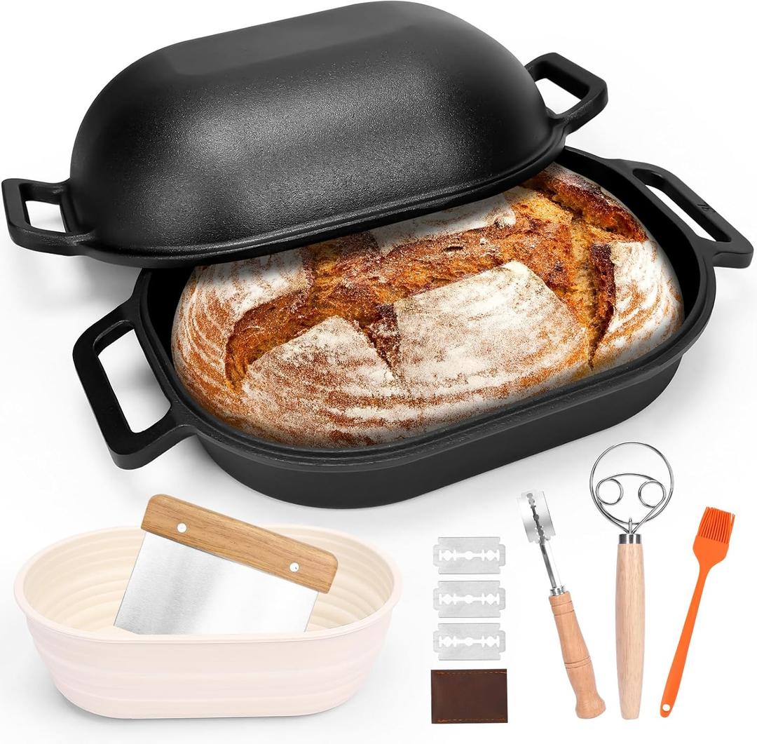 QuliMetal 16"x10" Oval Cast Iron Dutch Oven for Bread Baking, Bread Loaf Pan With Sourdough Bread Making Kit, Pre-Seasoned Bread Dutch Oven With Lid, 9.5QT, 13 LBS Heavy Duty, Homemade Breadmaking
