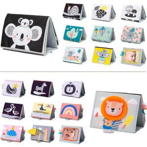 A Set of 2 Tummy Time Toys High Contrast Book Crinkle Books for Babies Infant Tummy-time Soft Crinkle Activity Book with Huge Baby Safe Mirror, 3D Activities, Textures and a Soft Baby Teether