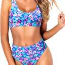 Tempt Me Women Two Piece Scoop Neck Bikini Crop Top Swimsuit Sporty High Waisted Bathing Suit, Large