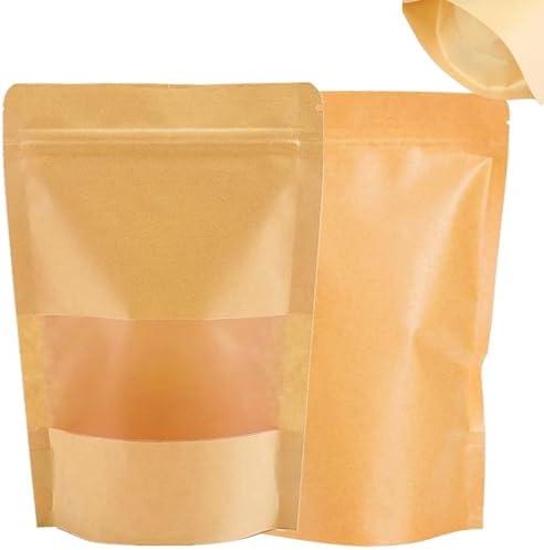 CEZOOWYEX 150 Pack Kraft Paper Bags with Window, Sealable Stand up Pouches, 5.9 x 8.6 Inch Reusable Treat Packaging Bags for Food, Snacks, Coffee