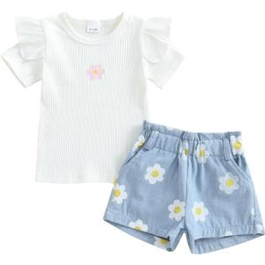Toddler Baby Girl 2Pcs Knit Ribbed Ruffle Short Sleeve Floral Print Tops + Shorts Set Outfits (White)