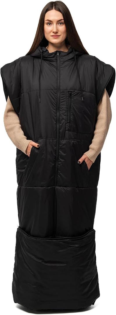 Adult Wearable Sleeping Bag with Hoodie, Sleeveless Design Adjustable Drawstring, Waterproof Wearable Sleeping Bag Ideal for Camping, Cold Weather
