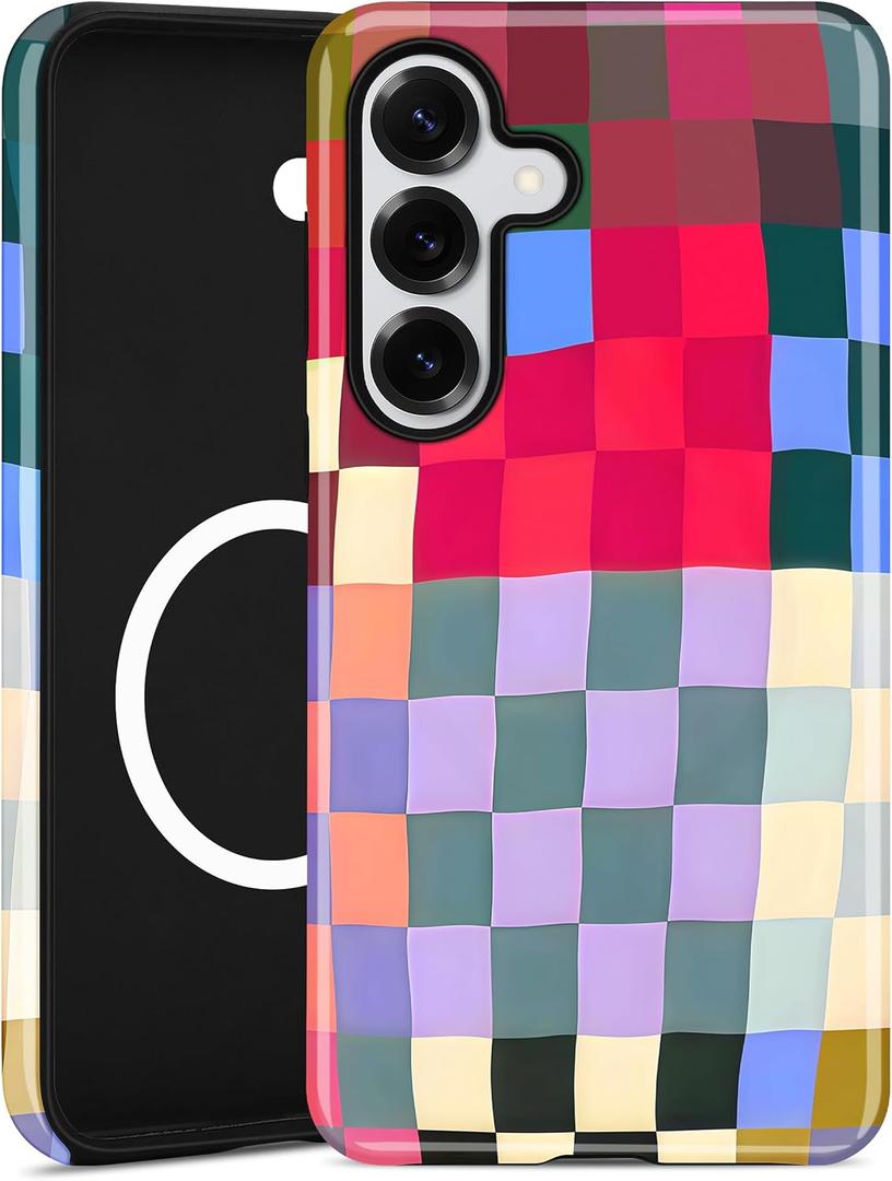 Compatible with MagSafe Checkered Phone Case for Samsung Galaxy S23 FE, Cute Aesthetic Checkerboard Magnetic Soft TPU and Hard PC Protective Phone Cover for Women Girls - Colorful