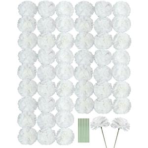 Artificial Carnation Flower, 50pcs Silk Faux Flower Heads with Stem, for DIY Wreath, Wedding Decor, Handmade Flowers, Table Centerpieces, Home Decor, Baby Shower, Graduation Decor (50, White)